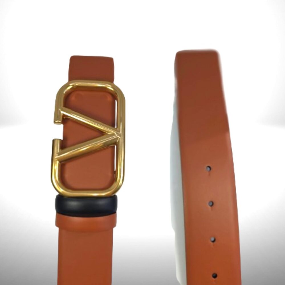 Valentino Garavani VLogo Reversible Leather Belt 40mm Tan/Black Gold Buckle - Picture 3 of 6